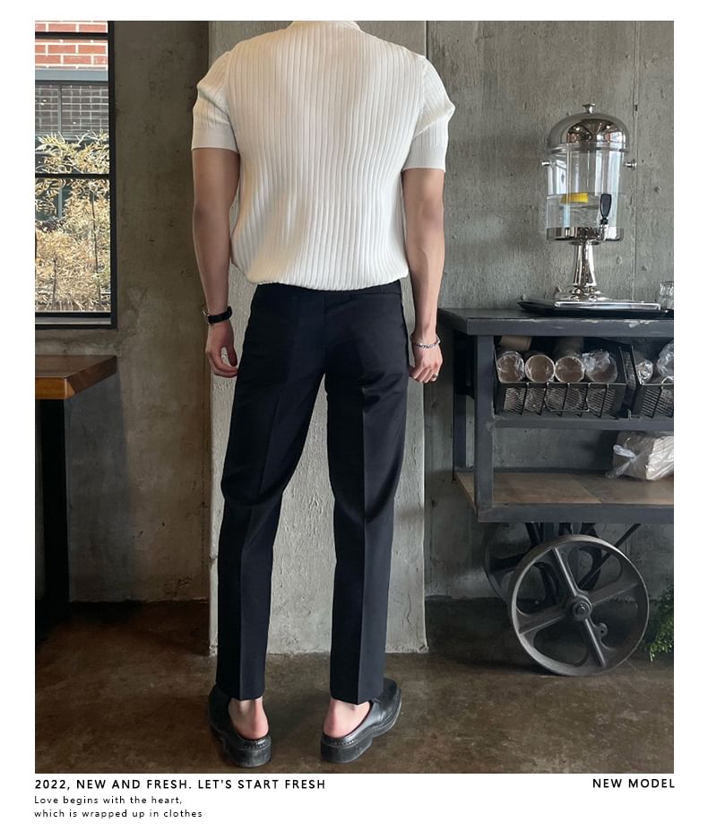 Short-Sleeve Plain Knit Ribbed Polo Shirt