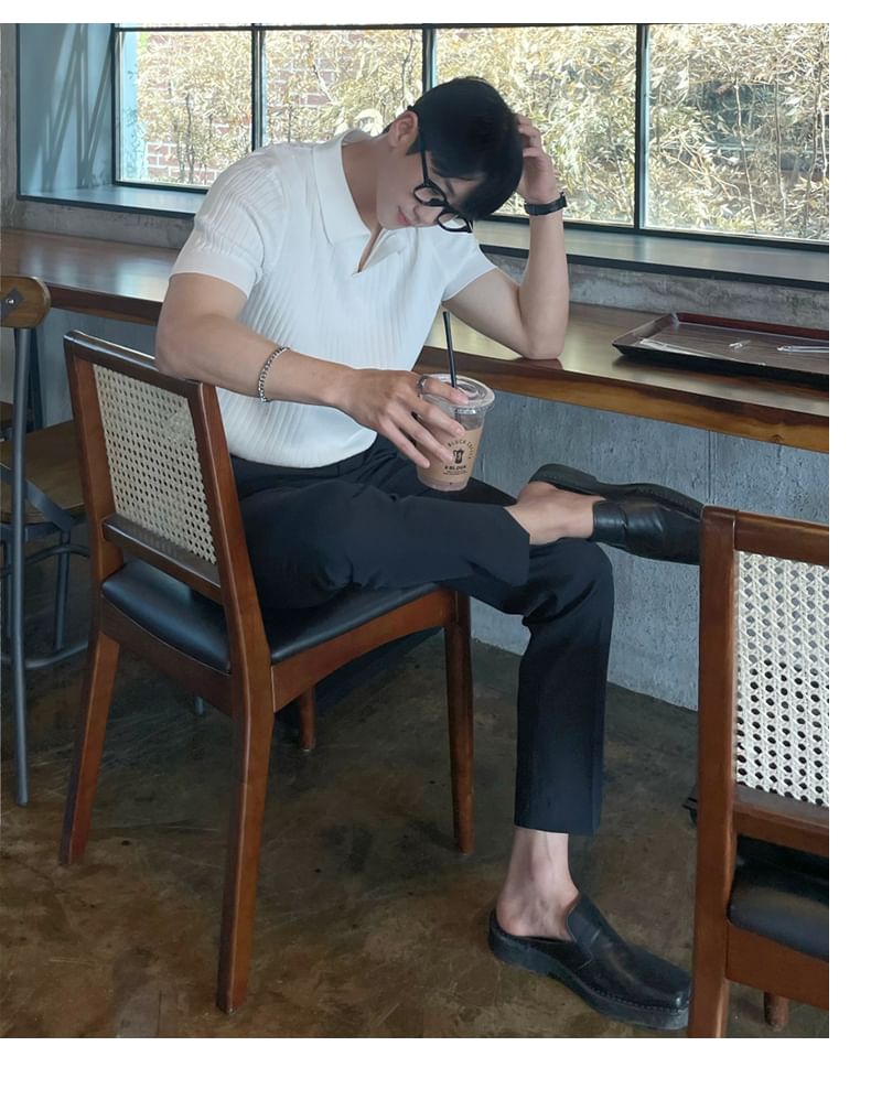 Short-Sleeve Plain Knit Ribbed Polo Shirt
