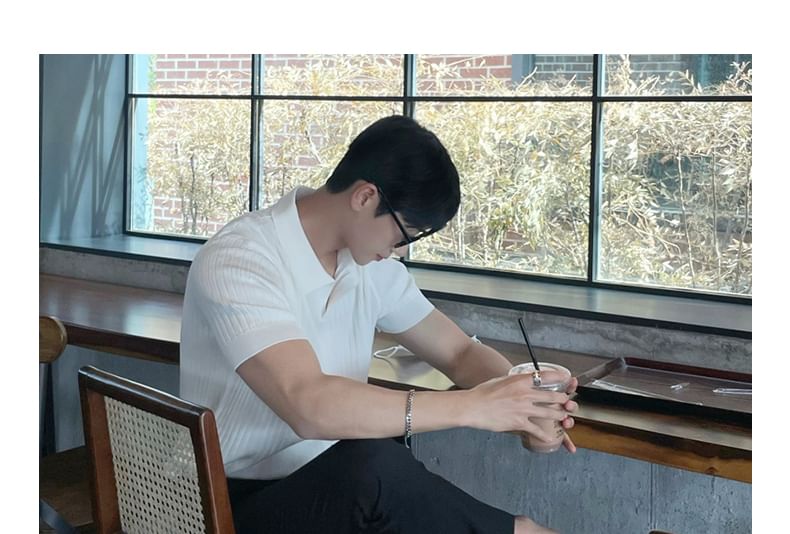 Short-Sleeve Plain Knit Ribbed Polo Shirt