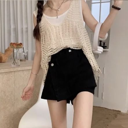 Mid Waist Washed Asymmetrical Denim Skort