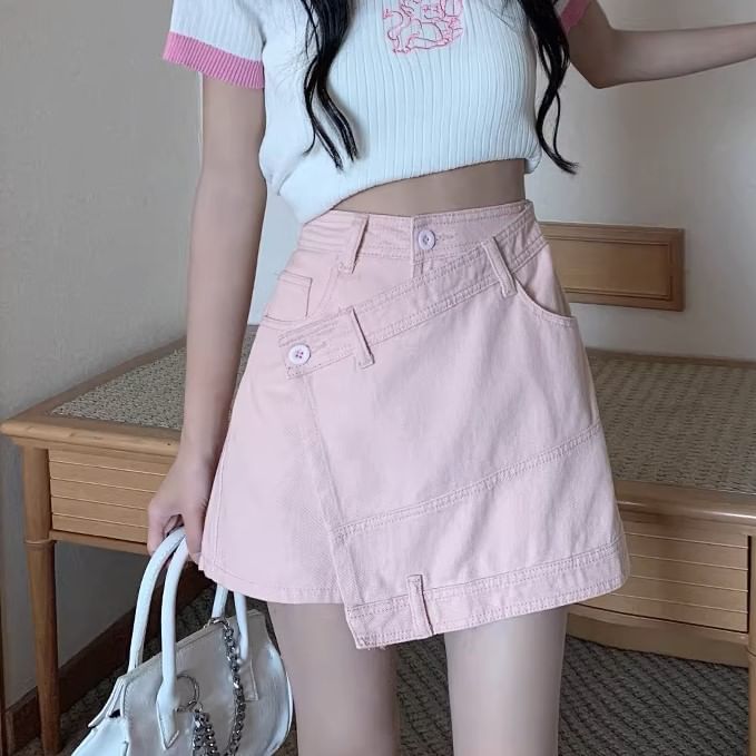 Mid Waist Washed Asymmetrical Denim Skort
