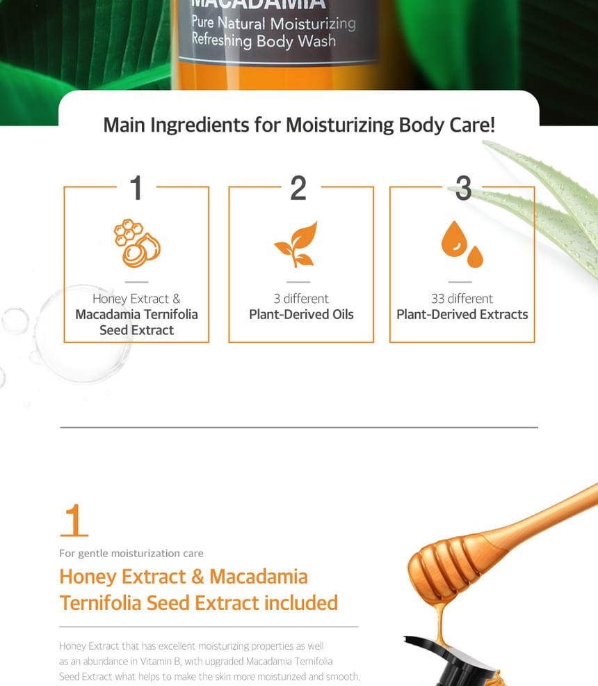 Honey & Macadamia Pure Natural Moisturizing Refreshing Body Wash - 7 Types