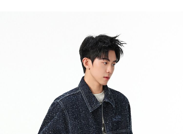 Collared Glitter Denim Zip Barn Jacket
