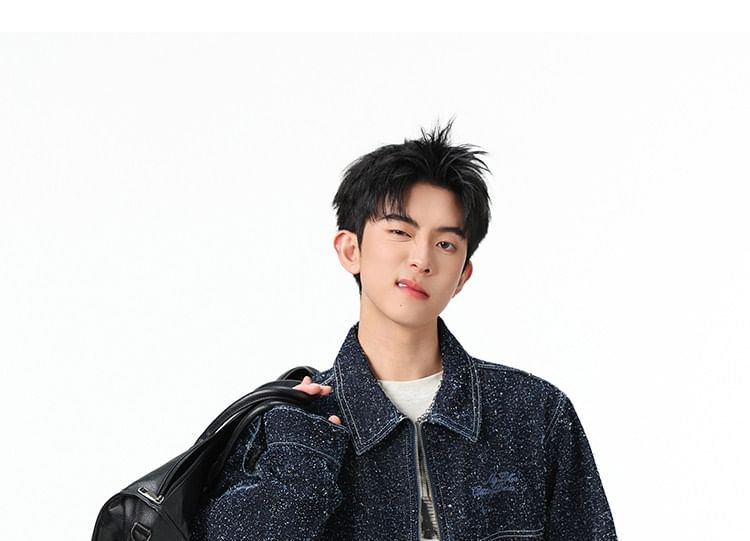 Collared Glitter Denim Zip Barn Jacket