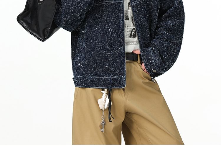 Collared Glitter Denim Zip Barn Jacket