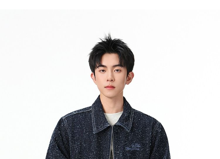 Collared Glitter Denim Zip Barn Jacket