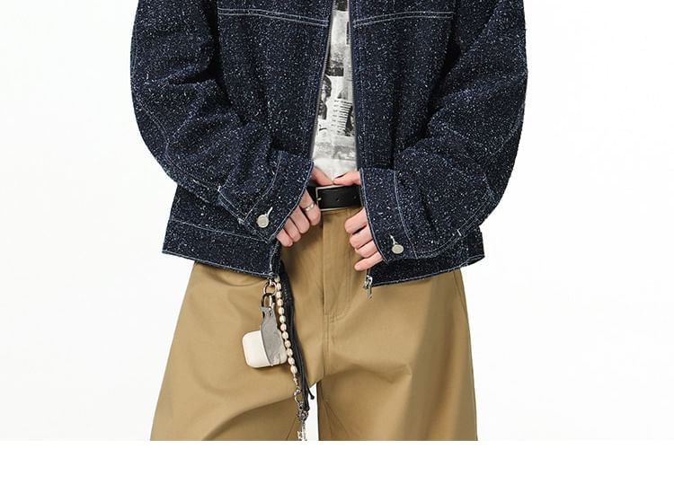 Collared Glitter Denim Zip Barn Jacket