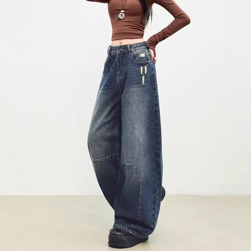 Mid Rise Washed Barrel Leg Baggy Jeans