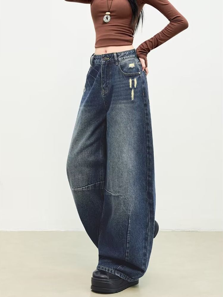 Mid Rise Washed Barrel Leg Baggy Jeans