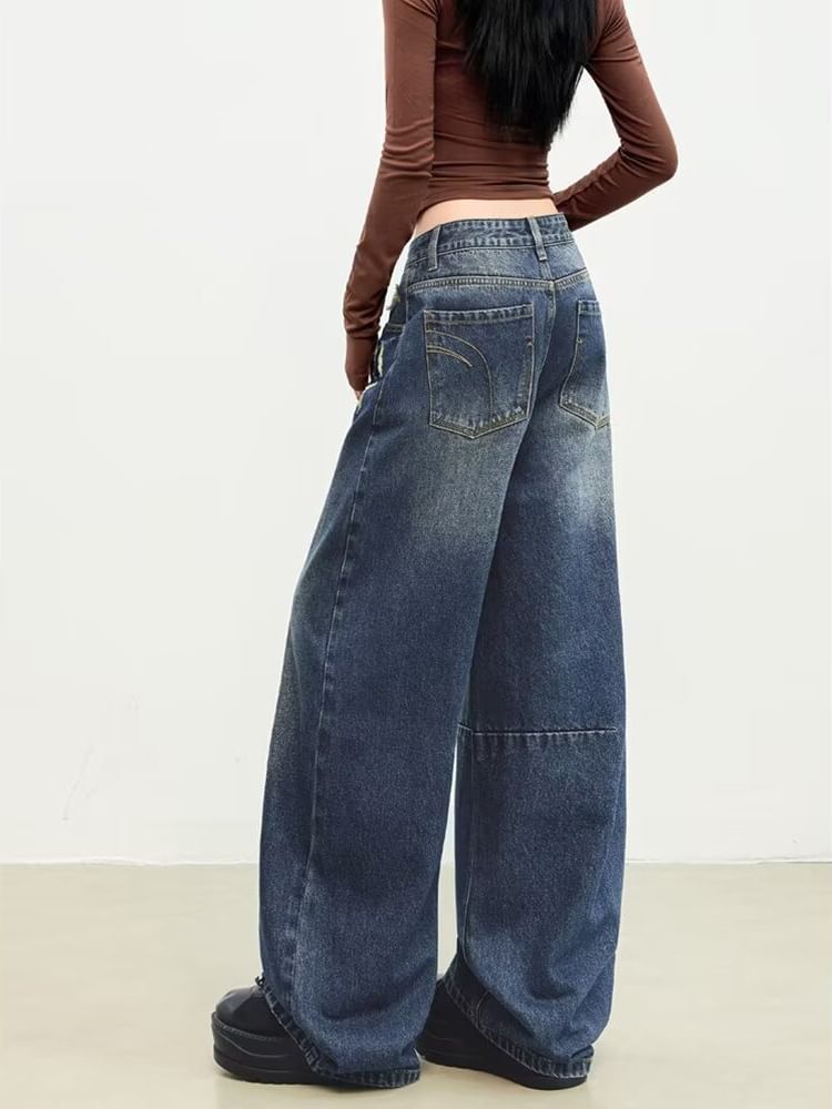 Mid Rise Washed Barrel Leg Baggy Jeans