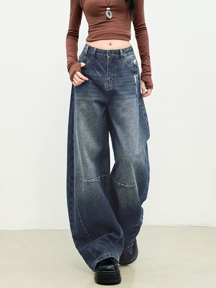 Mid Rise Washed Barrel Leg Baggy Jeans