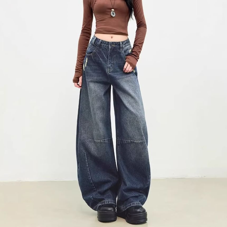 Mid Rise Washed Barrel Leg Baggy Jeans