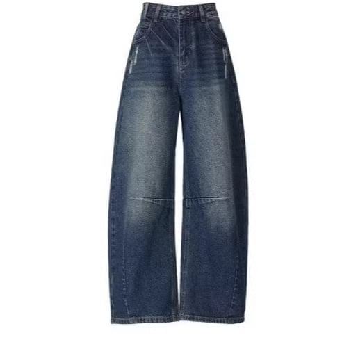 Mid Rise Washed Barrel Leg Baggy Jeans