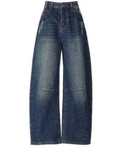 Mid Rise Washed Barrel Leg Baggy Jeans