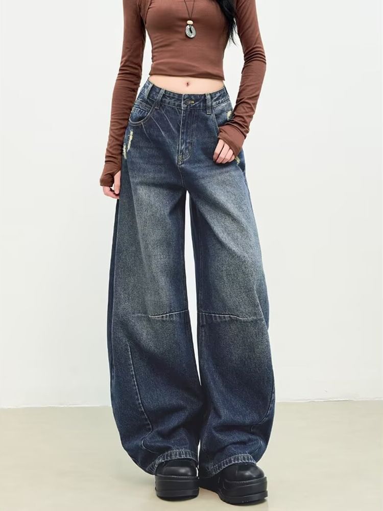 Mid Rise Washed Barrel Leg Baggy Jeans
