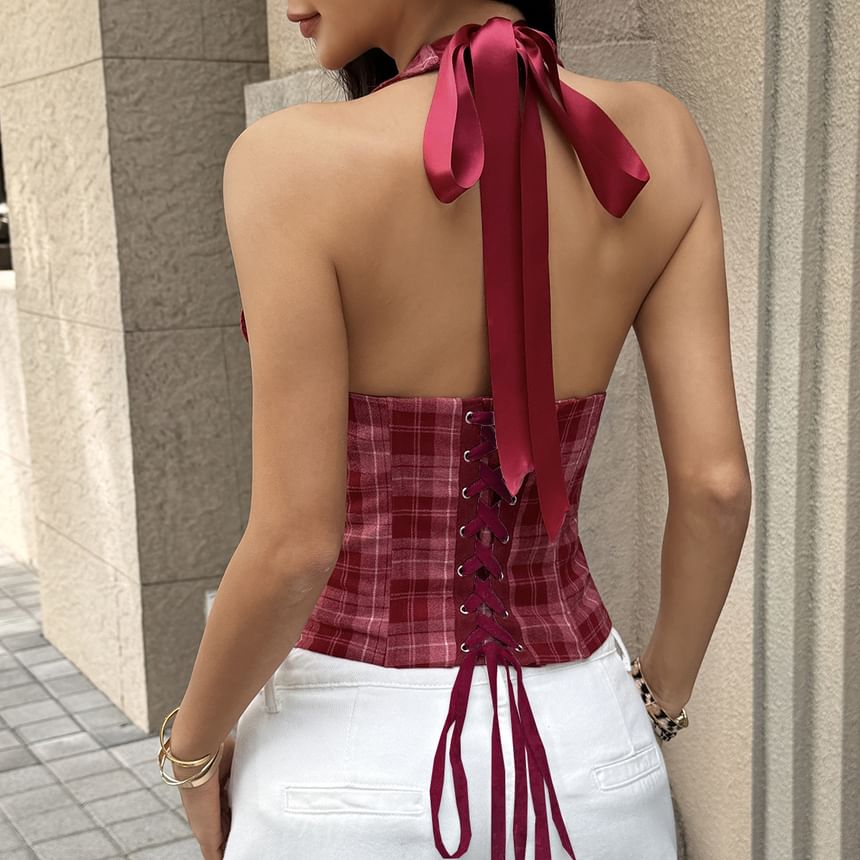 Halter Split Neck Plaid Hook And Eye Open Back Crop Corset Top