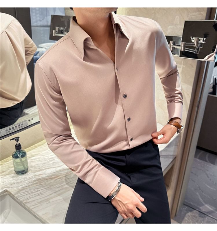 Long-Sleeve Collared Plain Button Up Shirt