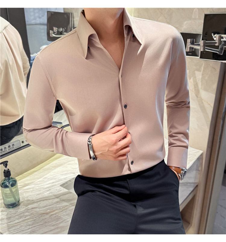 Long-Sleeve Collared Plain Button Up Shirt