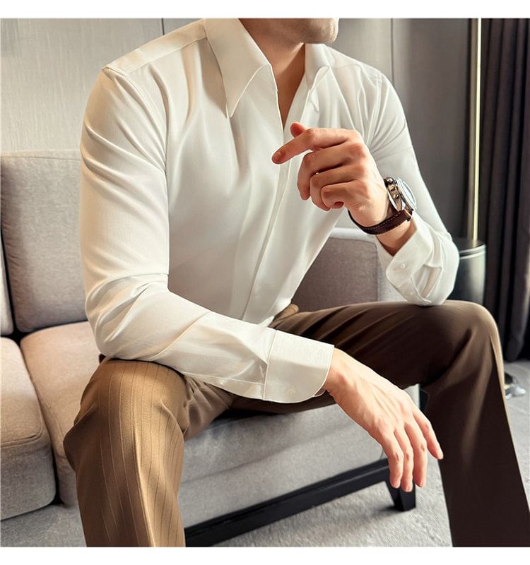 Long-Sleeve Collared Plain Button Up Shirt