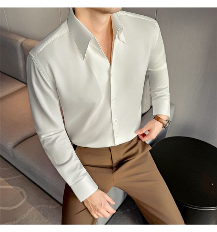 Long-Sleeve Collared Plain Button Up Shirt