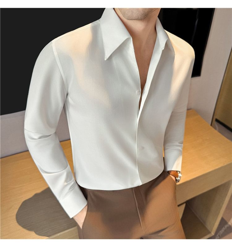 Long-Sleeve Collared Plain Button Up Shirt