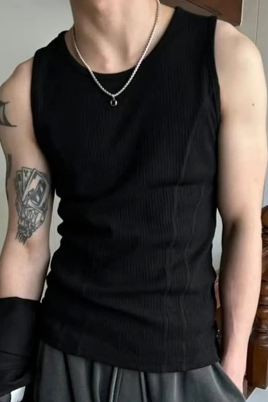Round Neck Plain Ribbed Panel Tank Top
