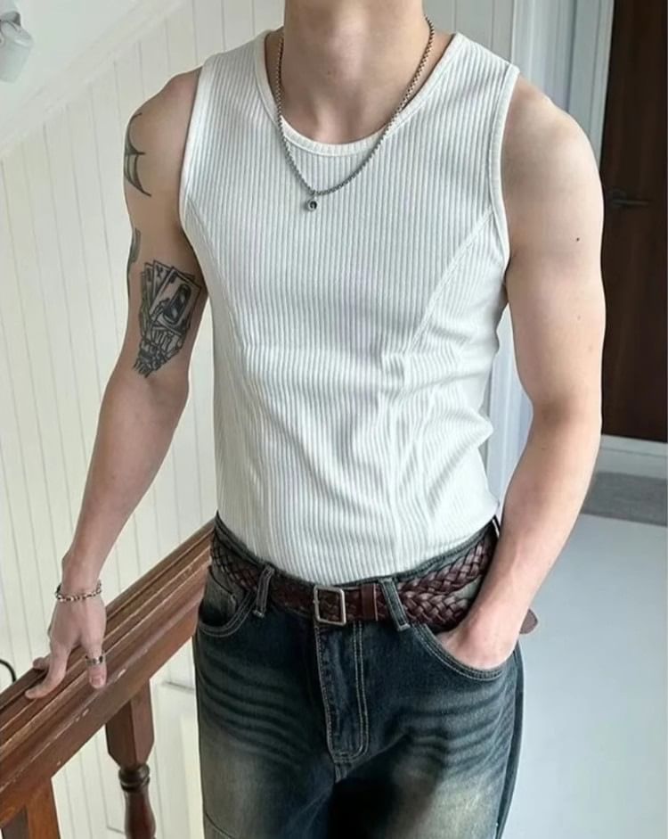 Round Neck Plain Ribbed Panel Tank Top