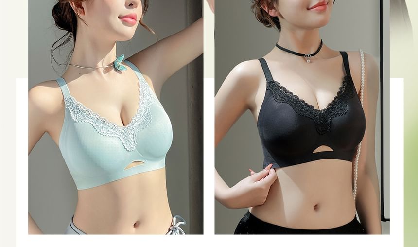 [90B - 105D] Plus Size Lace Trim Cutout Wireless Bra