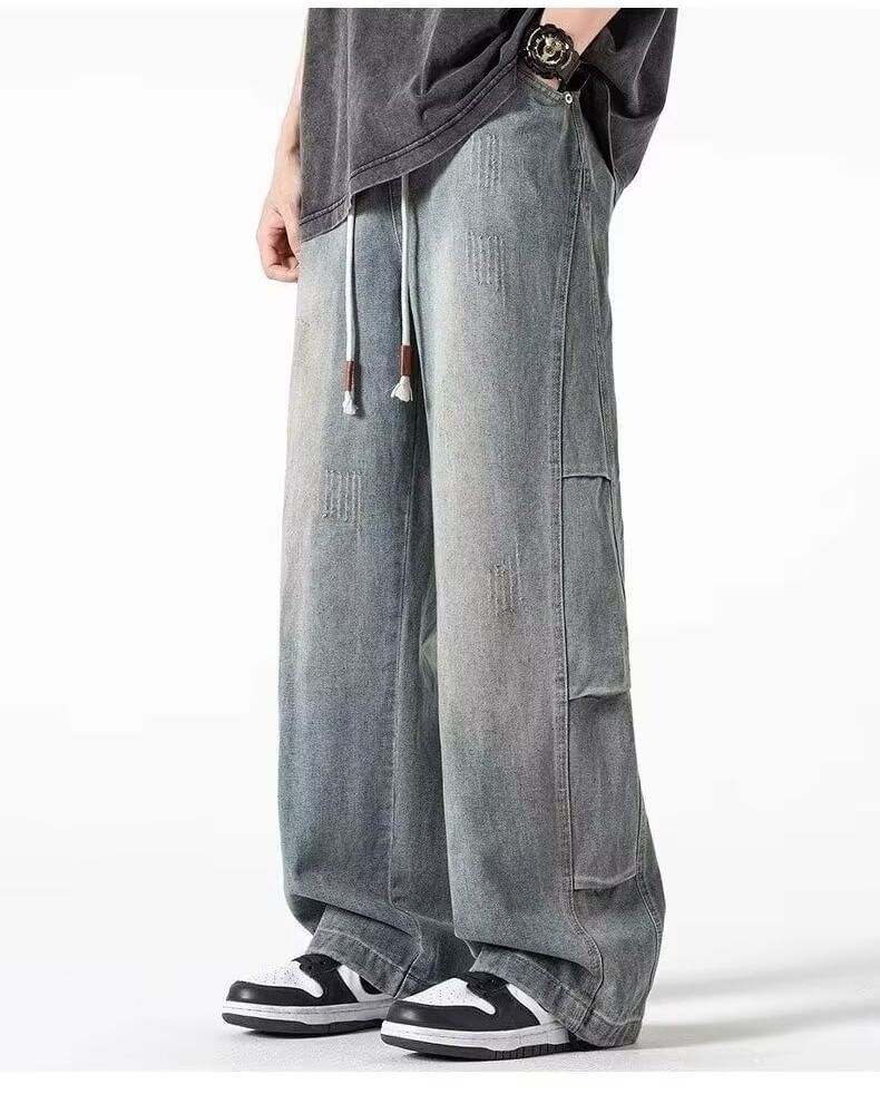 Drawstring Waist Washed Wide Leg Jeans