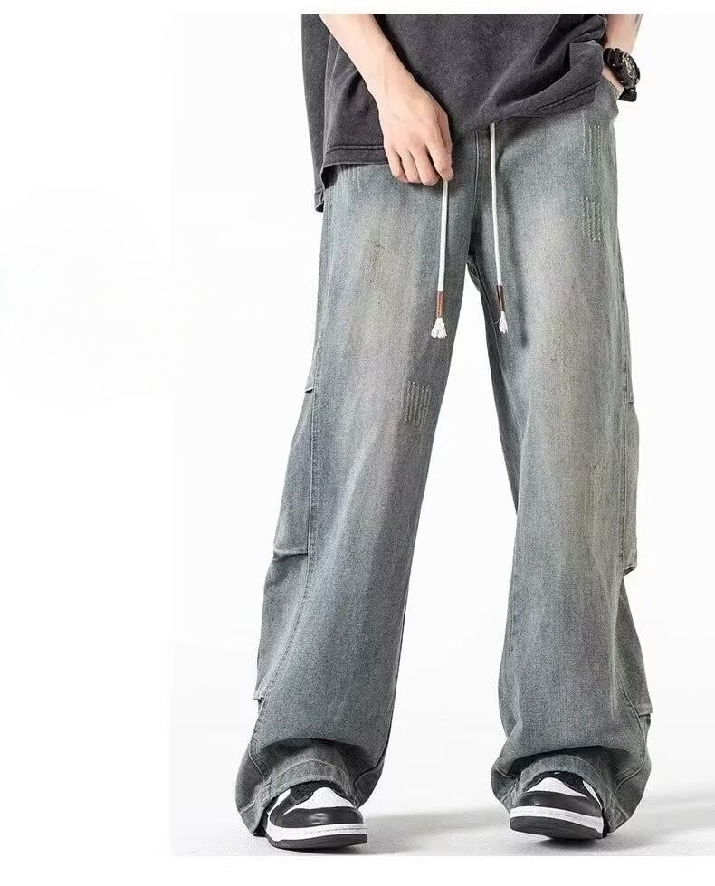 Drawstring Waist Washed Wide Leg Jeans