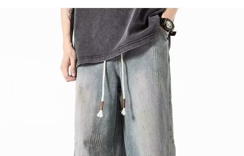 Drawstring Waist Washed Wide Leg Jeans