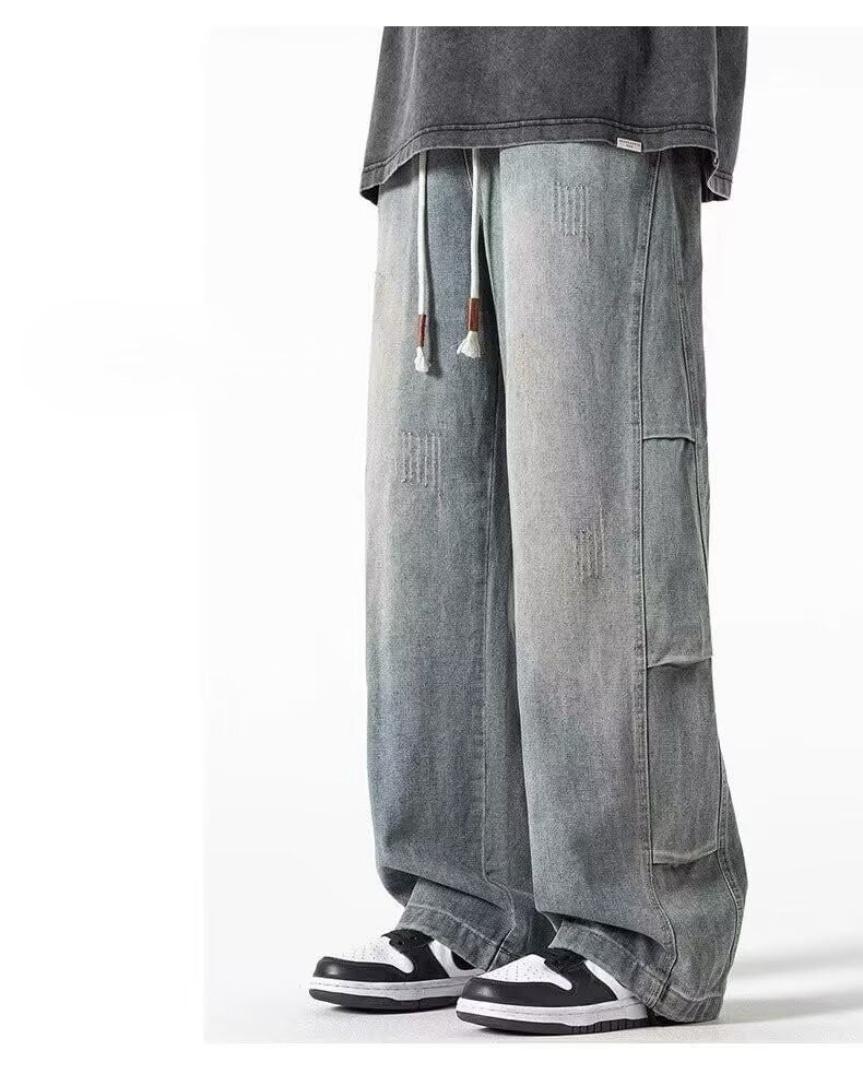Drawstring Waist Washed Wide Leg Jeans