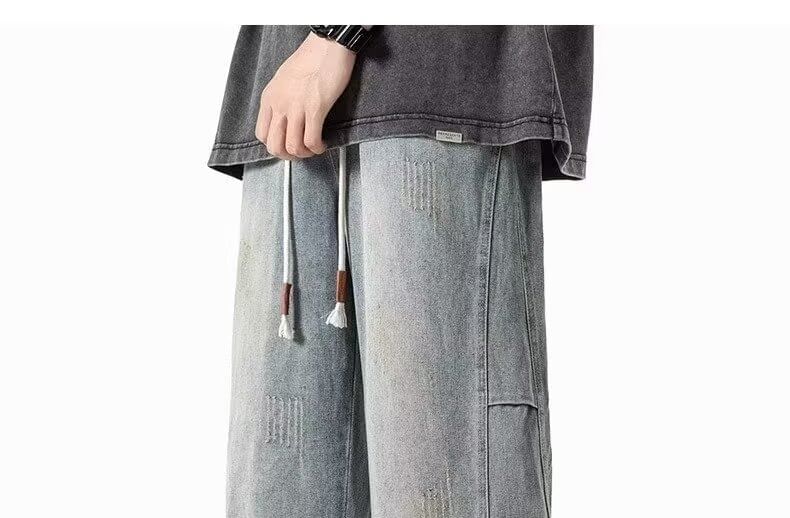 Drawstring Waist Washed Wide Leg Jeans