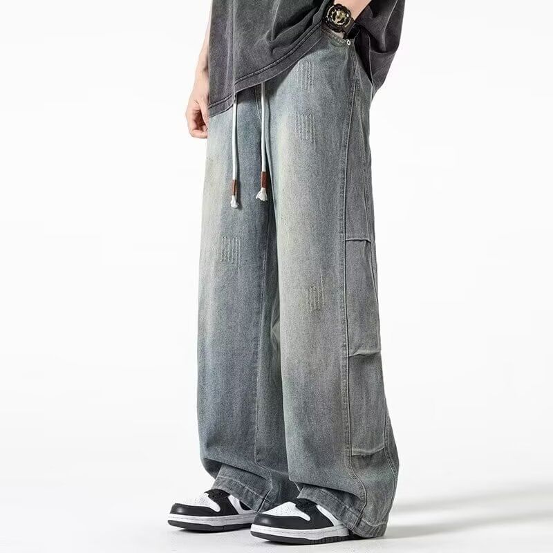 Drawstring Waist Washed Wide Leg Jeans