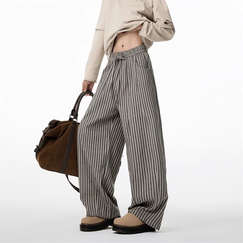 Elastic Waist Striped Barrel Leg Baggy Pants