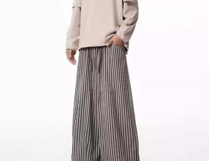 Elastic Waist Striped Barrel Leg Baggy Pants