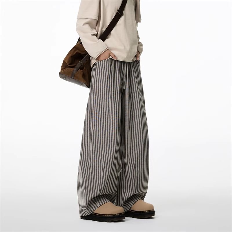 Elastic Waist Striped Barrel Leg Baggy Pants
