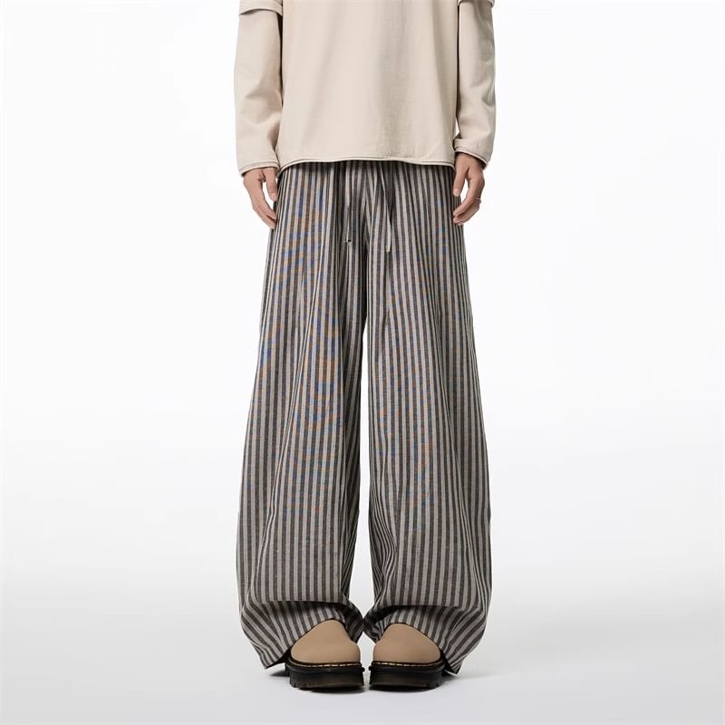 Elastic Waist Striped Barrel Leg Baggy Pants