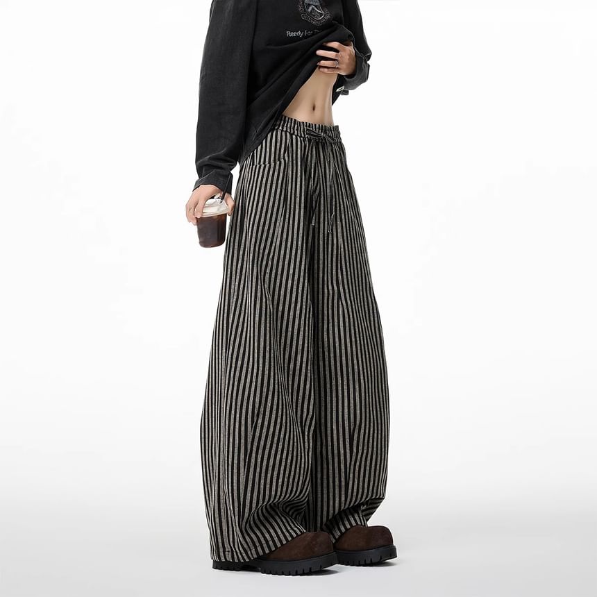 Elastic Waist Striped Barrel Leg Baggy Pants