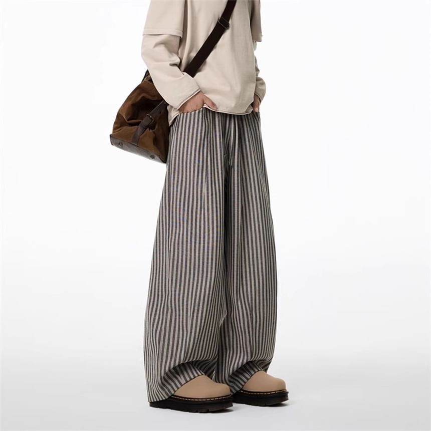 Elastic Waist Striped Barrel Leg Baggy Pants