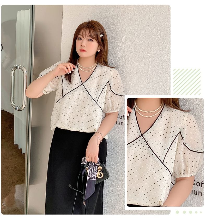 [XL-4XL] Short Sleeve V-Neck Micro Dotted Panel Blouse