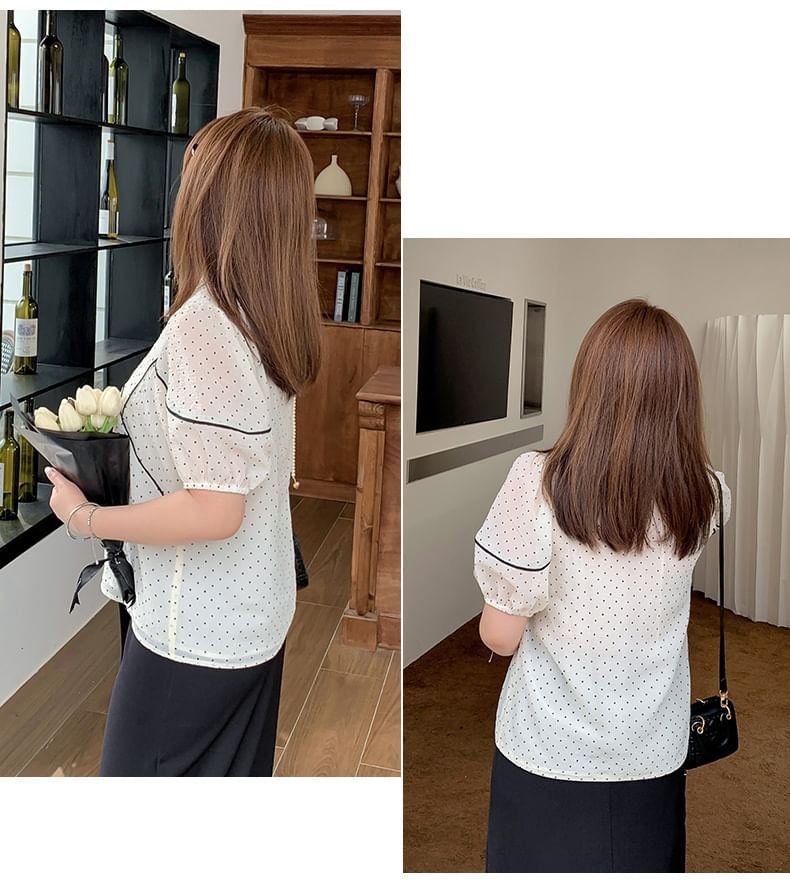 [XL-4XL] Short Sleeve V-Neck Micro Dotted Panel Blouse