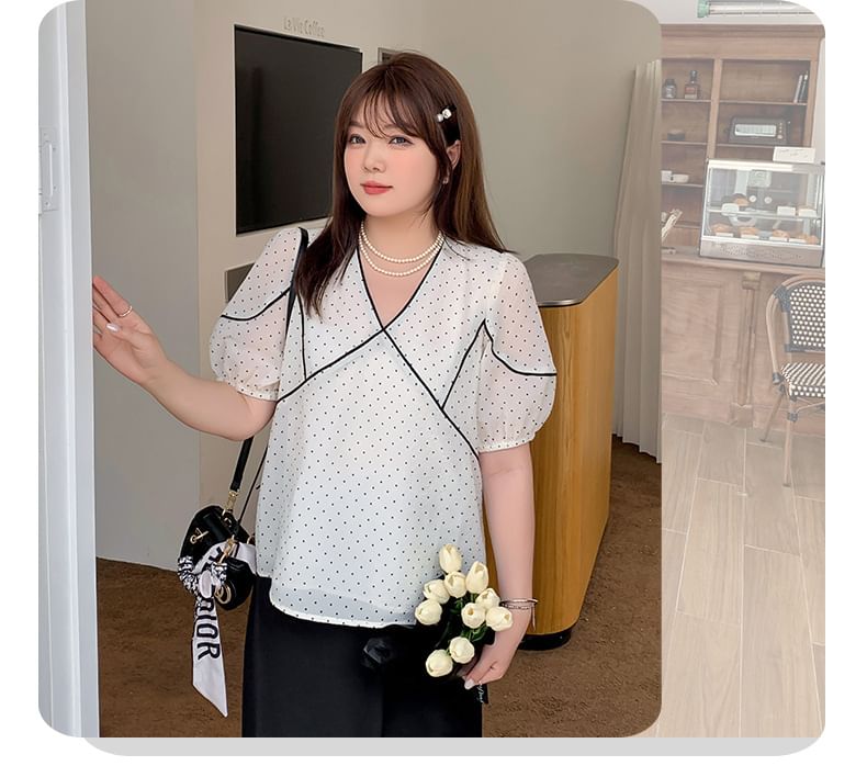 [XL-4XL] Short Sleeve V-Neck Micro Dotted Panel Blouse