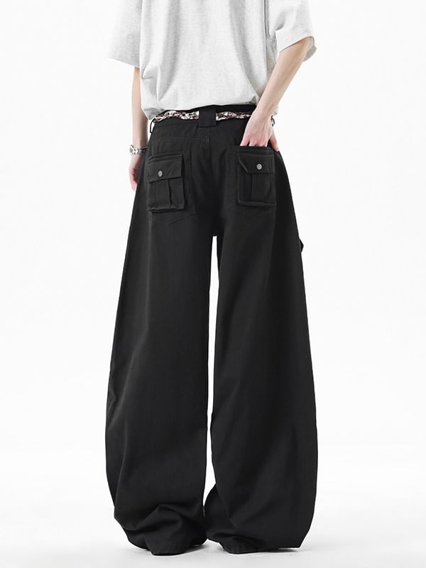Mid Waist Plain Wide Leg Cargo Pants
