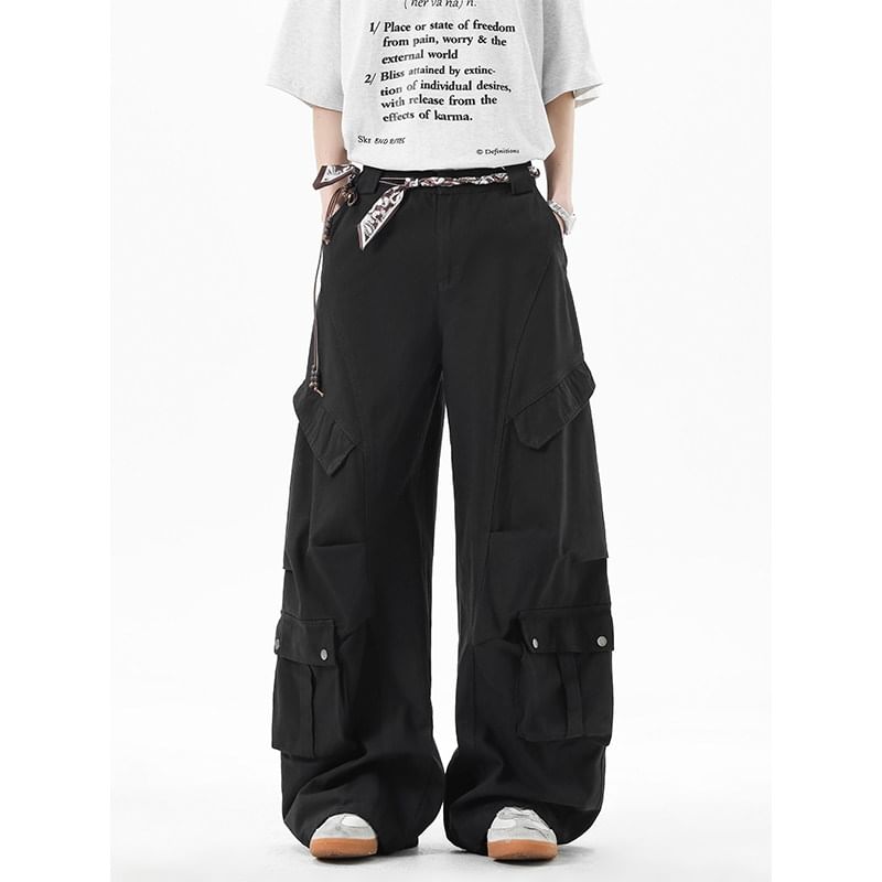 Mid Waist Plain Wide Leg Cargo Pants
