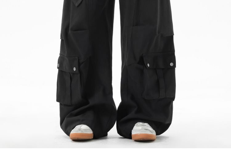 Mid Waist Plain Wide Leg Cargo Pants