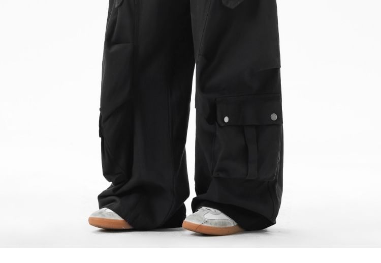 Mid Waist Plain Wide Leg Cargo Pants