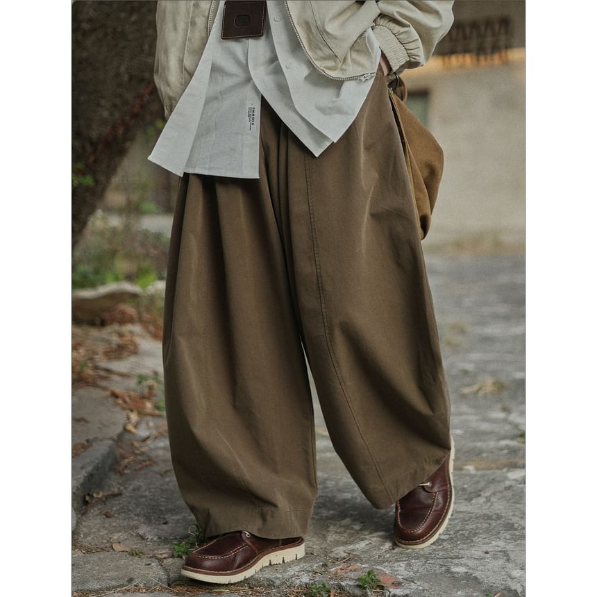 Mid Rise Plain Barrel Leg Baggy Pants