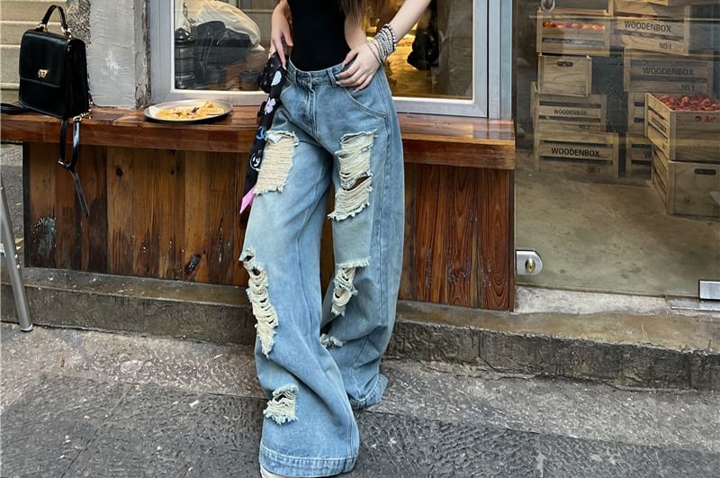 Spaghetti Strap V-Neck Plain Bodysuit Top / Mid Rise Washed Distressed Baggy Jeans