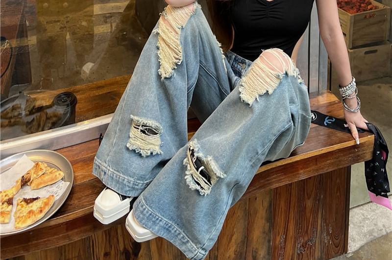 Spaghetti Strap V-Neck Plain Bodysuit Top / Mid Rise Washed Distressed Baggy Jeans